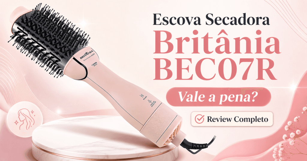 Imagem destacada do review da Escova Secadora Britânia BEC07R com chamada vale a pena e selo de review completo