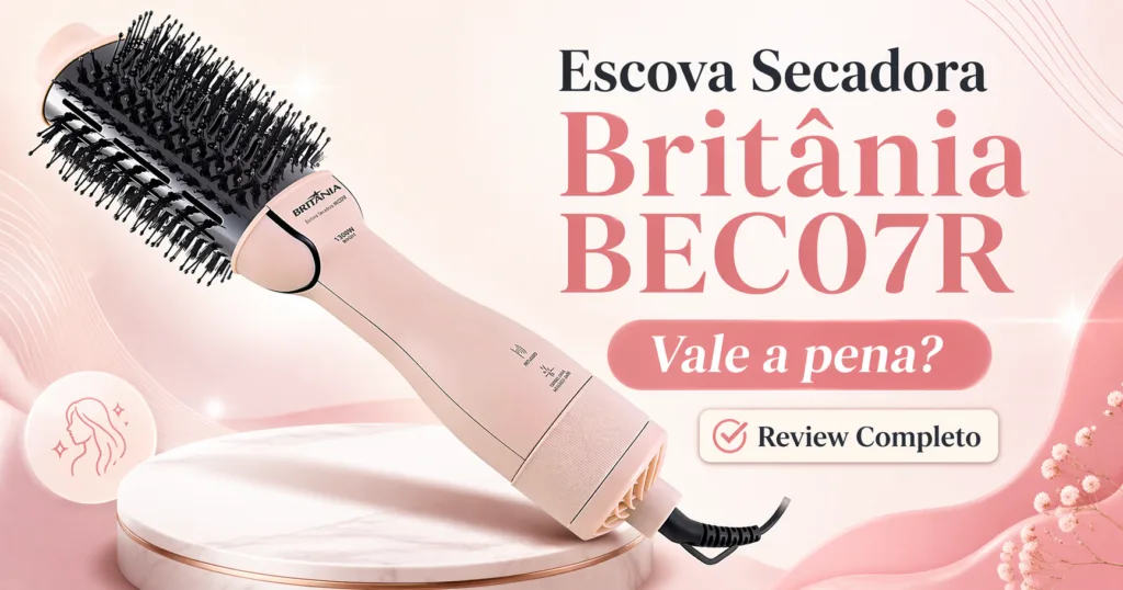 Imagem destacada do review da Escova Secadora Britânia BEC07R com chamada vale a pena e selo de review completo