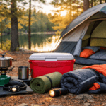 Itens para acampar pela primeira vez organizados para camping iniciante