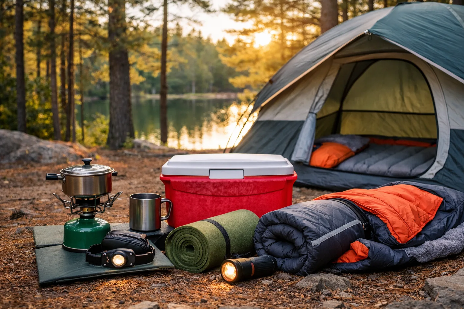 Itens para acampar pela primeira vez organizados para camping iniciante