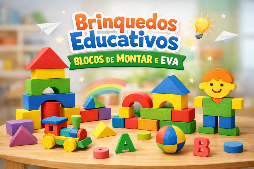 Brinquedos educativos de EVA e blocos de montar coloridos sobre mesa infantil, com peças em formato de casas, trem, letras e personagem.