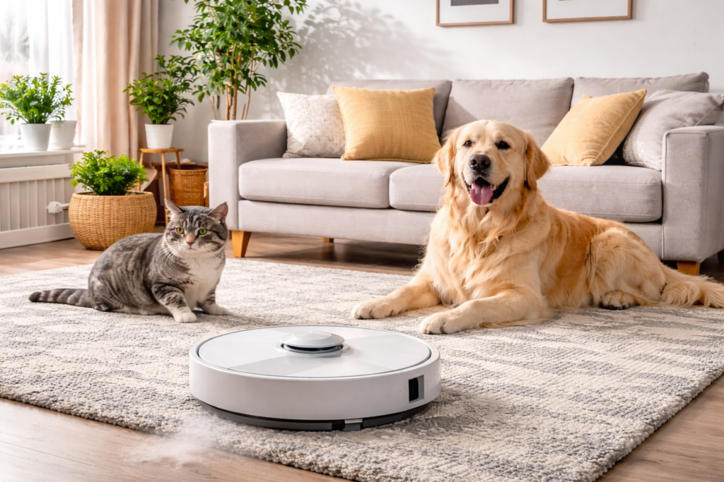 Melhores robôs aspiradores para pets em 2026 em apartamento com cachorro, gato, tapete e robô aspirador
