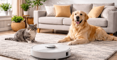 Melhores robôs aspiradores para pets em 2026 em sala com cachorro e gato