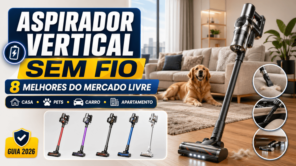 Imagem informativa com aspirador vertical sem fio e dicas de manutenção, como limpar o filtro, esvaziar o reservatório, cuidar da escova e preservar a bateria.