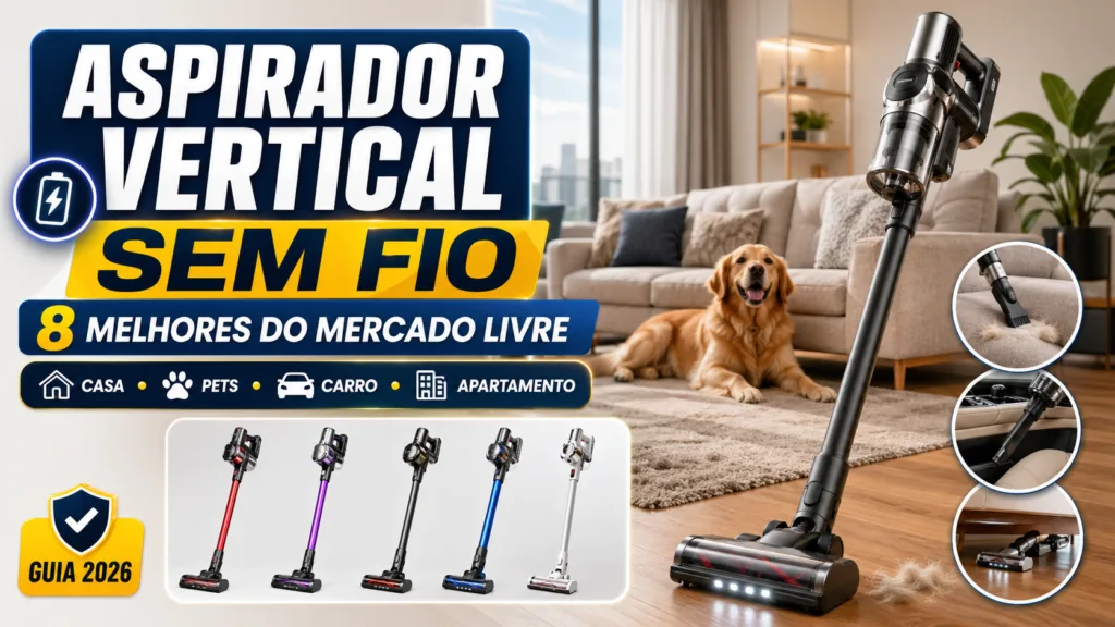 Imagem informativa com aspirador vertical sem fio e dicas de manutenção, como limpar o filtro, esvaziar o reservatório, cuidar da escova e preservar a bateria.