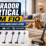 Imagem informativa com aspirador vertical sem fio e dicas de manutenção, como limpar o filtro, esvaziar o reservatório, cuidar da escova e preservar a bateria.