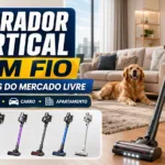 Imagem informativa com aspirador vertical sem fio e dicas de manutenção, como limpar o filtro, esvaziar o reservatório, cuidar da escova e preservar a bateria.