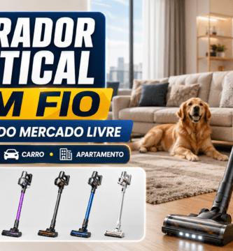 Imagem informativa com aspirador vertical sem fio e dicas de manutenção, como limpar o filtro, esvaziar o reservatório, cuidar da escova e preservar a bateria.