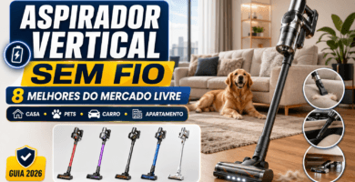 Imagem informativa com aspirador vertical sem fio e dicas de manutenção, como limpar o filtro, esvaziar o reservatório, cuidar da escova e preservar a bateria.