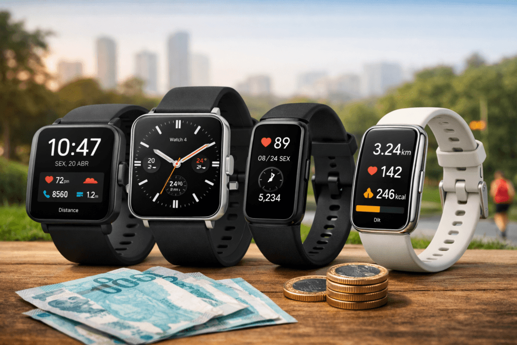 Comparativo visual de smartwatches até 500 reais em 2026 com modelos para treino, notificações e uso diário