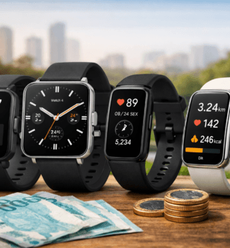 Comparativo visual de smartwatches até 500 reais em 2026 com modelos para treino, notificações e uso diário