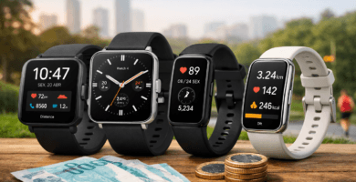 Comparativo visual de smartwatches até 500 reais em 2026 com modelos para treino, notificações e uso diário
