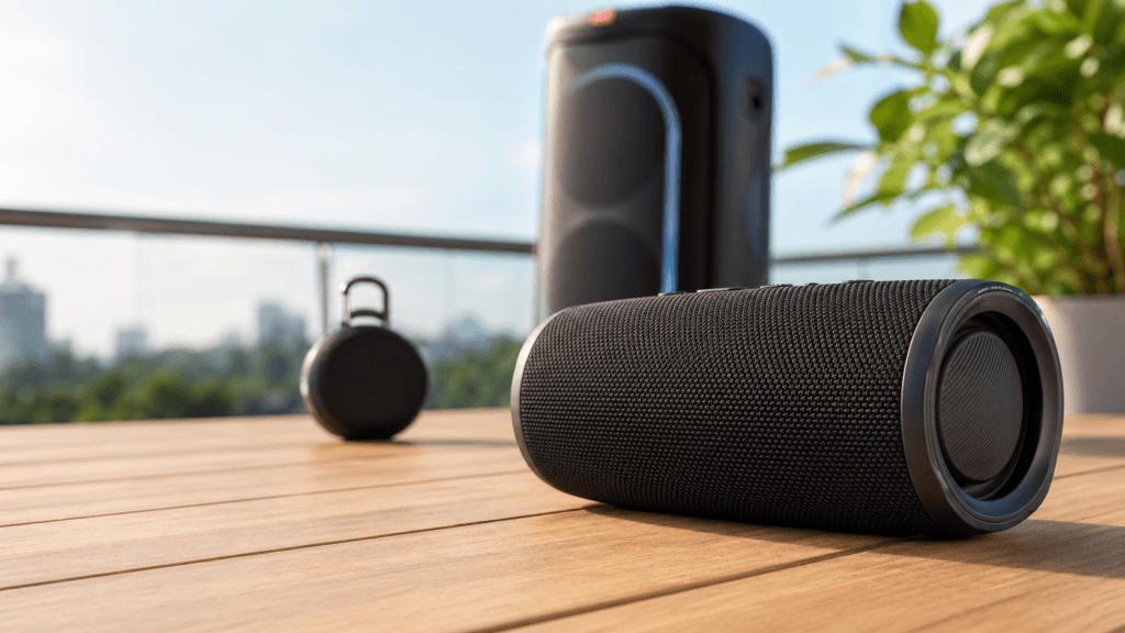 Caixa de som Bluetooth em ambiente externo para comparativo de modelos JBL em 2026