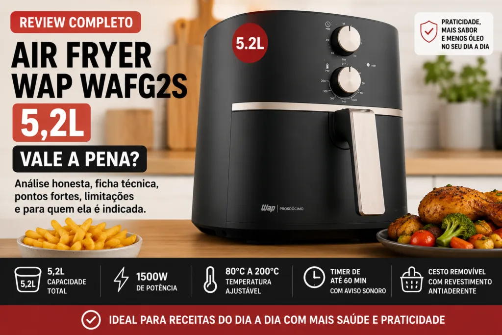 Air Fryer WAP WAFG2S 5,2L preta em bancada de cozinha com alimentos prontos