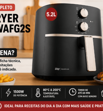 Air Fryer WAP WAFG2S 5,2L preta em bancada de cozinha com alimentos prontos