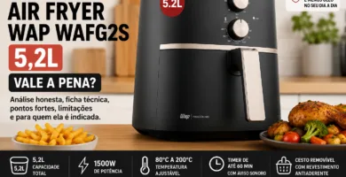 Air Fryer WAP WAFG2S 5,2L preta em bancada de cozinha com alimentos prontos