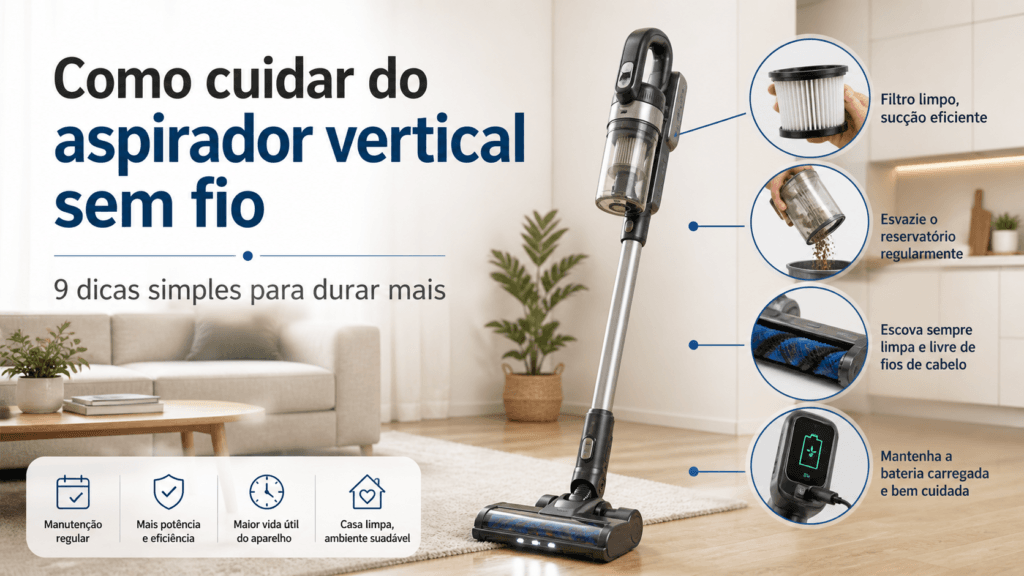 Imagem informativa com aspirador vertical sem fio e dicas de manutenção, como limpar o filtro, esvaziar o reservatório, cuidar da escova e preservar a bateria.