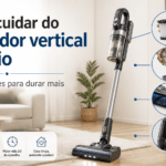 Imagem informativa com aspirador vertical sem fio e dicas de manutenção, como limpar o filtro, esvaziar o reservatório, cuidar da escova e preservar a bateria.