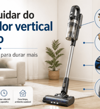 Imagem informativa com aspirador vertical sem fio e dicas de manutenção, como limpar o filtro, esvaziar o reservatório, cuidar da escova e preservar a bateria.