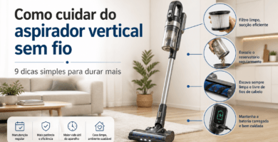Imagem informativa com aspirador vertical sem fio e dicas de manutenção, como limpar o filtro, esvaziar o reservatório, cuidar da escova e preservar a bateria.