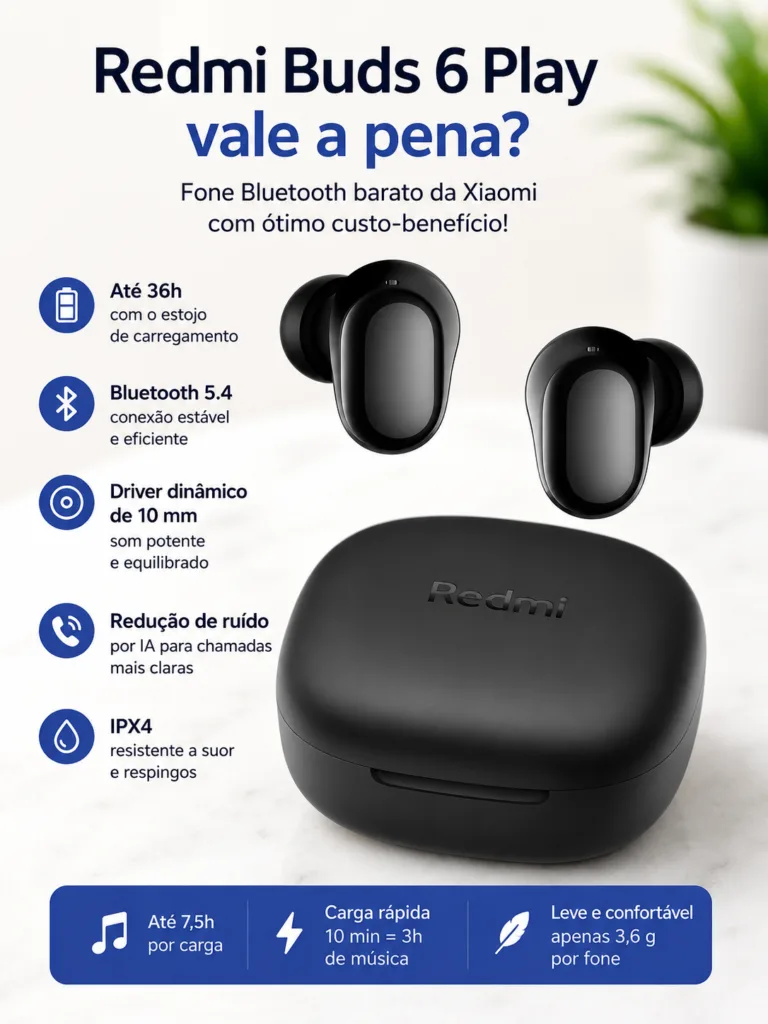 Redmi Buds 6 Play vale a pena como fone Bluetooth barato da Xiaomi com estojo preto