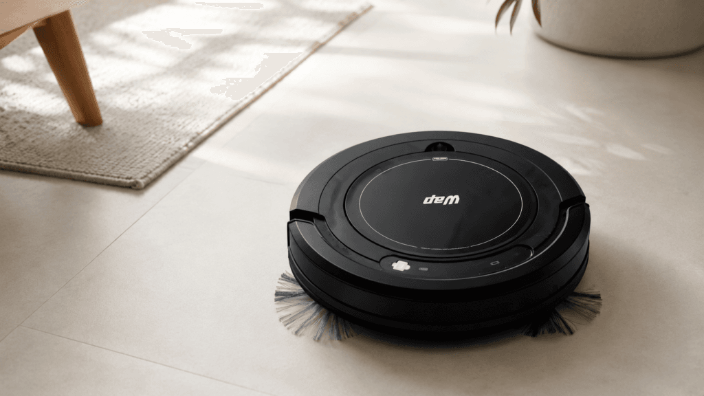 Robô aspirador WAP Robot W100 em piso claro durante limpeza de manutenção doméstica