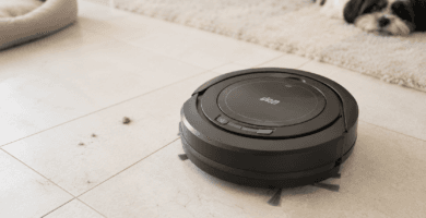Robô aspirador WAP Robot W90 limpando piso em ambiente doméstico com pet ao fundo
