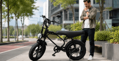 Homem avaliando uma bike elétrica em ambiente urbano, representando análise de custo-benefício antes da compra