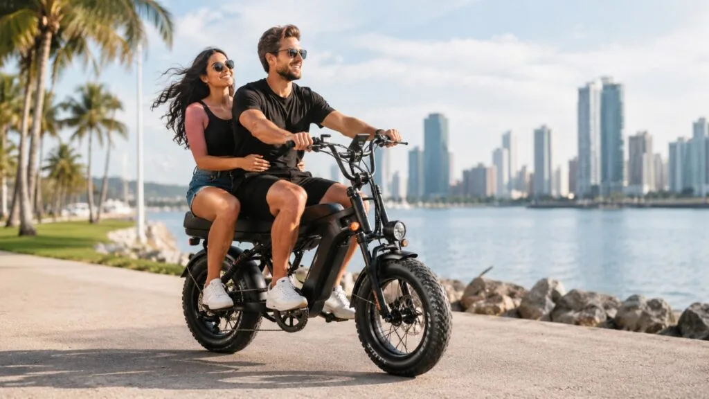 Bike elétrica para duas pessoas com banco alongado em uso urbano