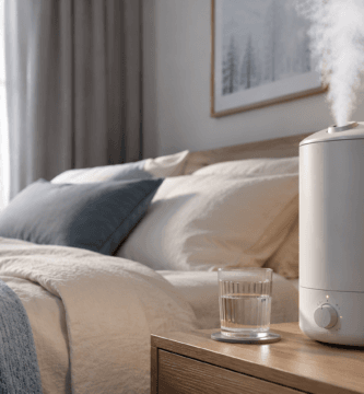 Umidificador de ar soltando névoa em mesa de cabeceira de um quarto aconchegante