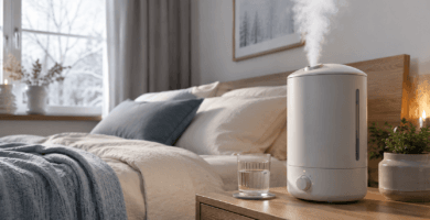 Umidificador de ar soltando névoa em mesa de cabeceira de um quarto aconchegante