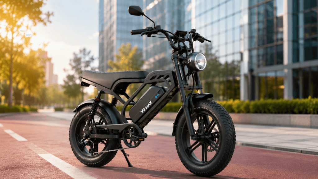 Bike elétrica V9 Max 1000W preta em cenário urbano, com pneus largos, banco longo e visual moderno