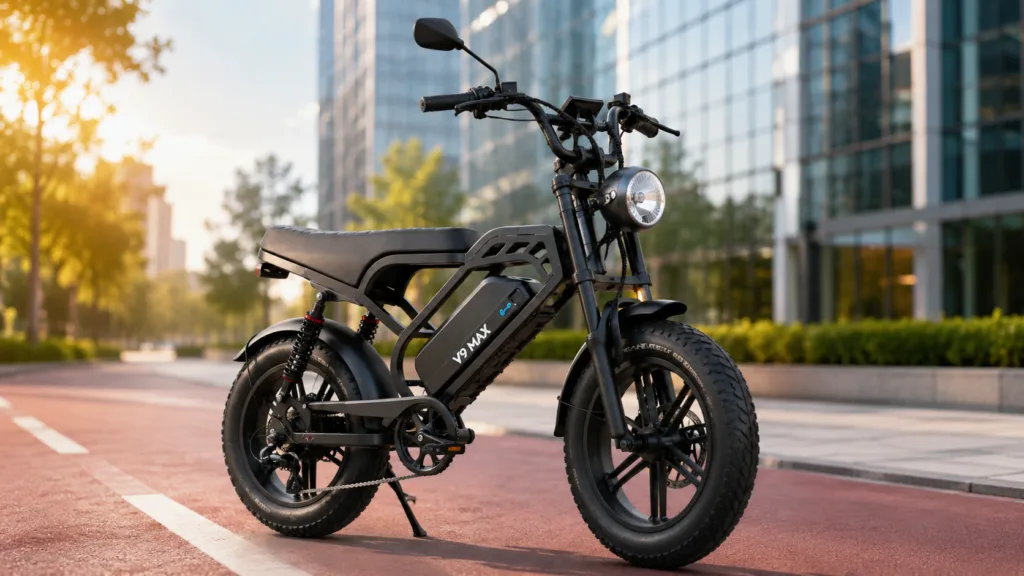 Bike elétrica V9 Max 1000W preta em cenário urbano, com pneus largos, banco longo e visual moderno