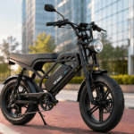 Bike elétrica V9 Max 1000W preta em cenário urbano, com pneus largos, banco longo e visual moderno