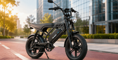 Bike elétrica V9 Max 1000W preta em cenário urbano, com pneus largos, banco longo e visual moderno