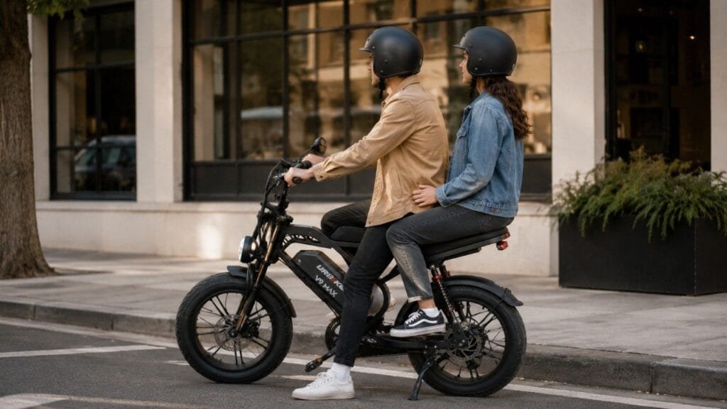 Casal com capacetes em bicicleta elétrica preta com banco para garupa