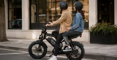 Casal com capacetes em bicicleta elétrica preta com banco para garupa