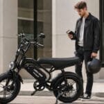Homem ao lado de bicicleta elétrica preta consultando documento em ambiente urbano