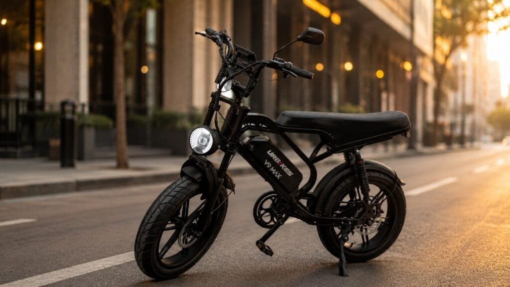 Bike elétrica urbana preta em rua da cidade ao entardecer