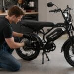 Manutenção cuidadosa da bateria de uma bicicleta elétrica preta em oficina moderna