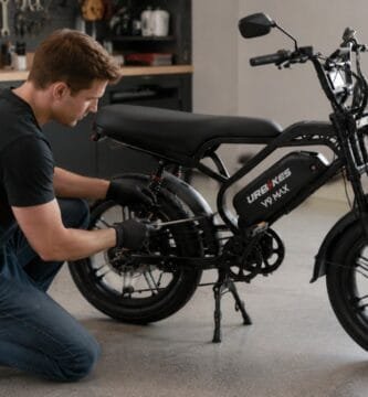 Manutenção cuidadosa da bateria de uma bicicleta elétrica preta em oficina moderna