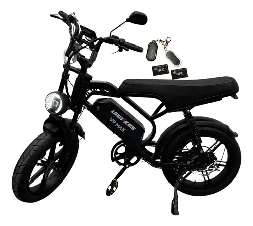 Bike elétrica V9 Max 1000W preta com banco alongado e acessórios NFC