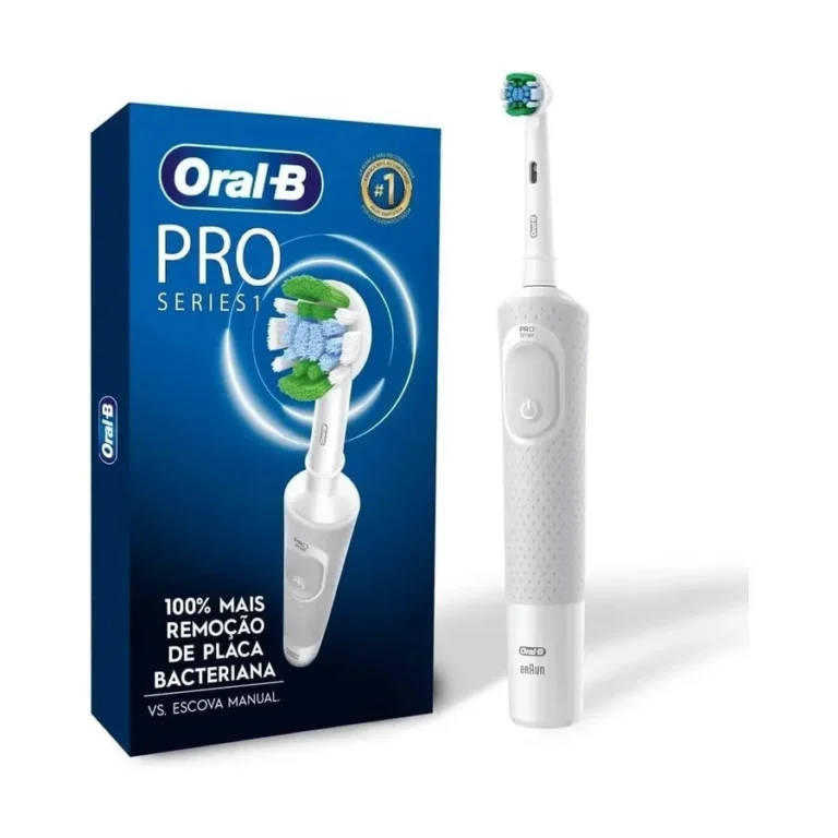 Escova elétrica Oral-B PRO Series 1 branca ao lado da embalagem azul