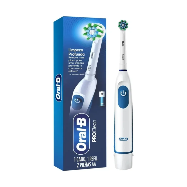 Escova elétrica Oral-B PROClean branca e azul ao lado da embalagem
