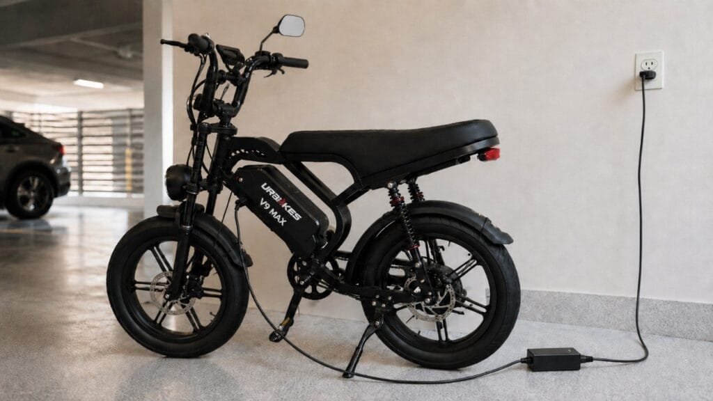 Bicicleta elétrica preta conectada ao carregador em garagem moderna