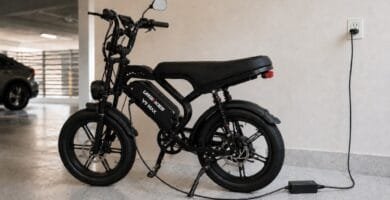 Bicicleta elétrica preta conectada ao carregador em garagem moderna