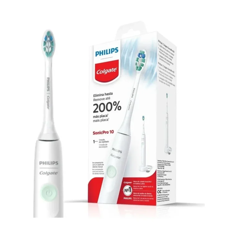 Escova dental elétrica Philips Colgate SonicPro 10 branca ao lado da embalagem e do cabo de carregamento