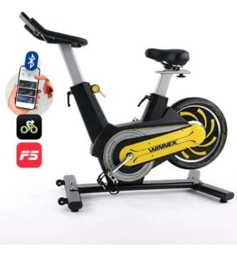 Bike spinning Winnek Spark magnética com Bluetooth em preto e amarelo para treino em casa