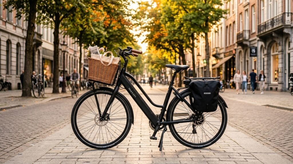Bicicleta Elétrica Duos Confort 800W Aro 26 em rua urbana durante o entardecer