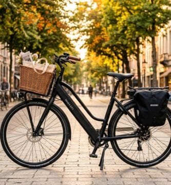 Bicicleta Elétrica Duos Confort 800W Aro 26 em rua urbana durante o entardecer